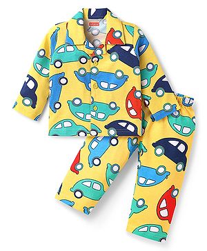 Babyhug Cotton Knit Full Sleeves Front Open Co-ords Night Suit with Cars Print - Yellow