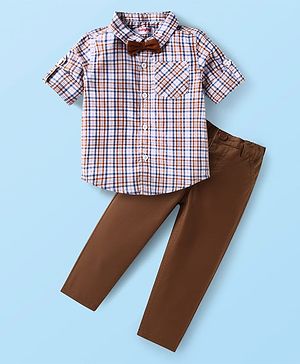Babyhug Cotton Knit Full Sleeves Checkered Shirt & Trouser Set with Bow - Brown