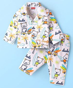 Babyhug Cotton Knit Full Sleeves Night Suit with Beach Theme Print - White