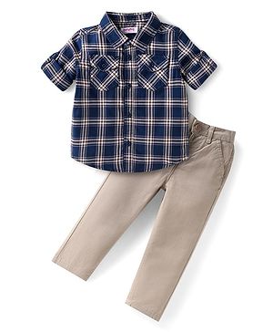 Babyhug Cotton Woven Full Sleeves Checkered Shirt and Trouser Set - Grey & Navy Blue