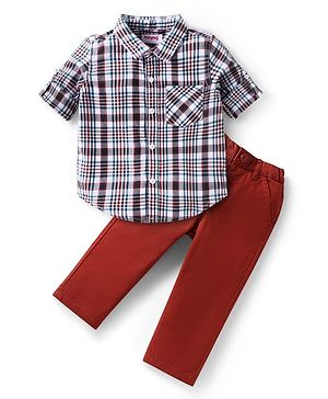 Babyhug Cotton Woven Full Sleeves Checkered Shirt and Trouser Set - Black White & Dark Red