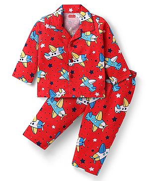 Babyhug Cotton Knit Full Sleeves Front Open Co-ords Night Suit with Airplane Print - Red