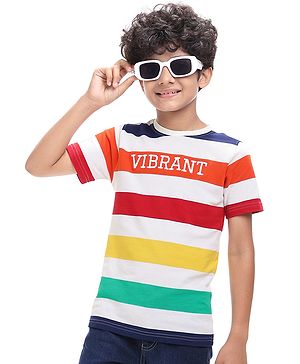Pine Kids Cotton Knit Half Sleeves T-Shirt with Stripes - White Green Red