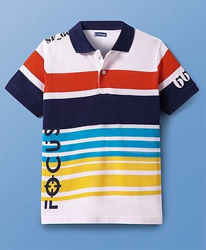 Pine Kids Cotton Knit Half Sleeves Polo T-Shirt with Stripes & Focus Text Print - White & Blue