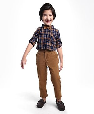 Babyhug Cotton Woven Full Sleeves Checkered Shirt & Solid Trouser & Bow - Navy Blue & Brown