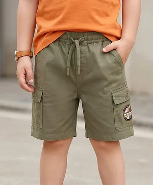 Kookie Kids Cotton Woven Knee Length
                              Shorts With Mountain Badge - Olive Green