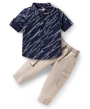 Babyhug Cotton Woven Full Sleeves Printed Shirt & Joggers Set - Navy Blue & Beige