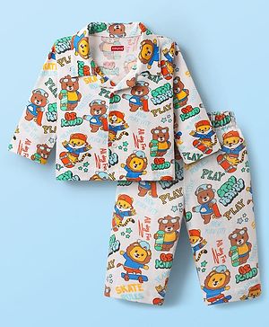 Babyhug Cotton Knit Full Sleeves Co-ords Night Suit With Animal Print - Yellow