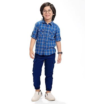 Babyhug Cotton Woven Full Sleeves Chekered Shirt & Joggers Set - Blue