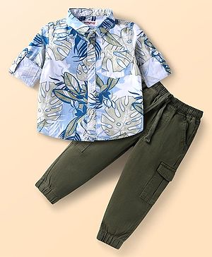 Babyhug Cotton Woven Full Sleeves Leaves Printed Shirt & Joggers Set - Blue &  Dark Green