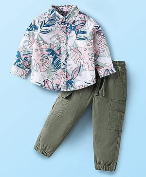 Babyhug Cotton Woven Full Sleeves Leaf Printed Shirt & Solid Trouser Set - White & Green