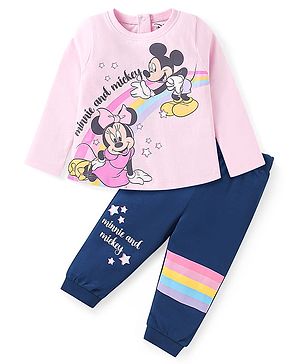 Babyhug Disney Single Jersey Knit Full Sleeves Night Suit With Minnie Mouse Graphics - Navy Blue & Pink