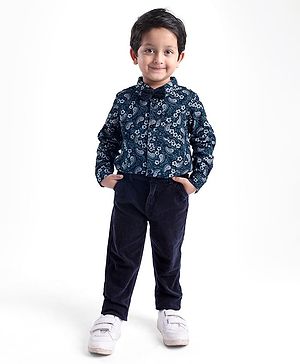 Babyhug Cotton Woven Full Sleeves Floral Printed Party Shirt & Trouser Set with Bow - Navy Blue