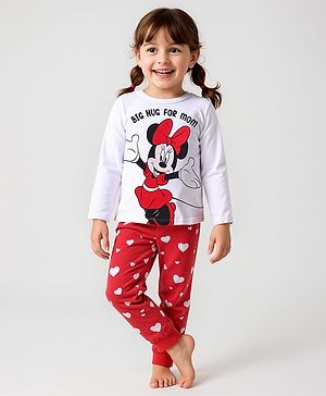 Babyhug Disney Single Jersey Knit Full Sleeves Night Suit with Minnie Mouse Graphics - Red & White