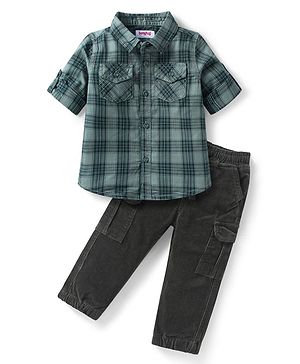 Babyhug Cotton Woven Full Sleeves Checks Shirts & Lounge Pants Set - Dark Green & Black