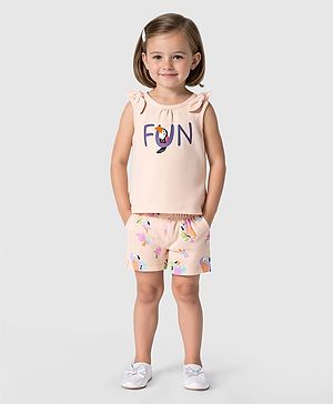 Bonfino Cotton Knit Sleeveless Top & Shorts Set with Birds Print & Bow Applique - Light Pink