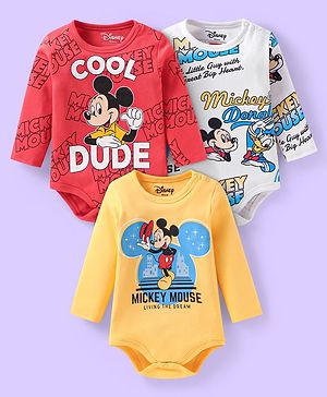 Babyhug Disney Interlock Knit Full Sleeves Onesies With Mickey Mouse Graphics Pack of 3 - Yellow Red & White