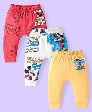 Babyhug Disney Interlock Knit Full Length Mickey Mouse Printed Diaper Leggings Pack of 3  - Yellow White & Red