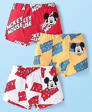 Babyhug Disney Interlock Knit Trunks With Mickey Mouse Graphics Pack of 3 - White Yellow & Red
