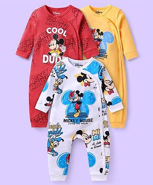 Babyhug Disney Interlock Knit Full Sleeves Front Open Rompers with Mickey Mouse Graphics Pack of 3 - Red White & Yellow