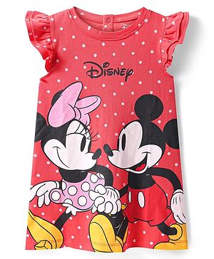 Babyhug Disney Single Jersey Knit Sleeveless Nighty With Mickey & Minnie Graphics - Red