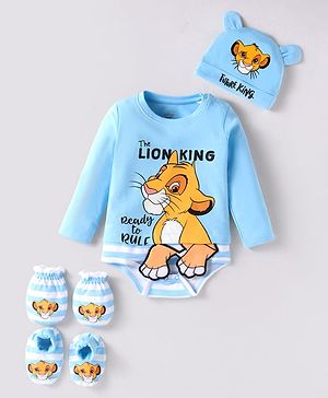 Babyhug Disney Single Jersey Knit Full Sleeves Onesie with Caps Mittens & Booties Set Lion King Graphics - Light Blue