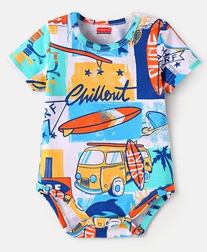 Babyhug 100% Cotton Knit Half Sleeves Onesie with Beach Theme Print - Light Blue