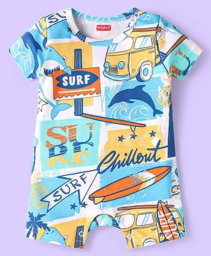 Babyhug Interlock Knit Half Sleeves Romper With Beach Theme Print - White & Light Blue
