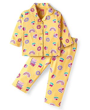 Babyhug Cotton Knit Full Sleeves Co-ords Night Suit with Tropical Theme Print - Yellow