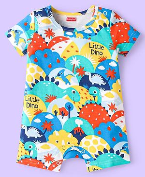 Babyhug 100% Cotton Knit Half Sleeves Dino Printed Romper - White Red & Green