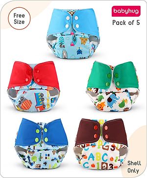 Babyhug Reusable Cloth Diaper with Contrast Flap and without Insert Pack of 5 Free Size - Multiprint