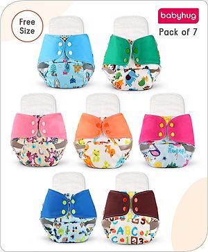 Babyhug Reusable Cloth Diaper with Contrast Flap and Insert Pack of 7 | Washable & Eco-friendly| Adjust to Suit Waist Size| Easy Snap Buttons| Soft & Skin Friendly| High Absorbency Inserts