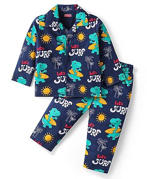 Babyhug Cotton Knit Full Sleeves Co-ords Night Suit with Beach Theme Print - Navy Blue