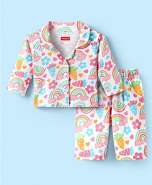 Babyhug Cotton Knit Full Sleeves Co-ords Night Suit with Rainbow & Floral Print - White