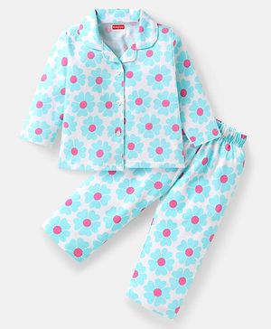 Babyhug Cotton Knit Full Sleeves Co-ords Night Suit with Floral Print - White
