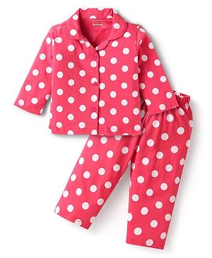 Babyhug Cotton Knit Full Sleeves Co-ords Night Suit with Polka Dots Print - Dark Pink