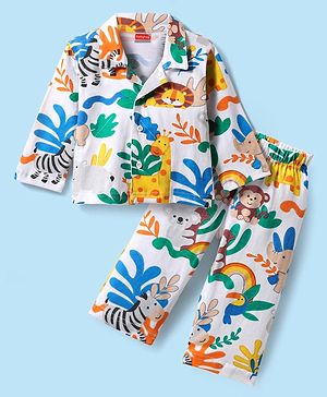 Babyhug Cotton Knit Full Sleeves Front Open Co-ords Night Suit with Animal Print - White