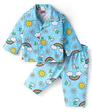 Babyhug Cotton Knit Full Sleeves Night Suit with Floral Print - Light Blue