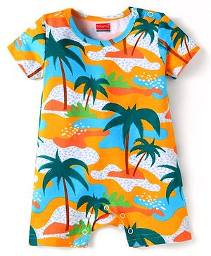Babyhug Interlock Knit Half Sleeves Romper With Beach Theme Print - Yellow