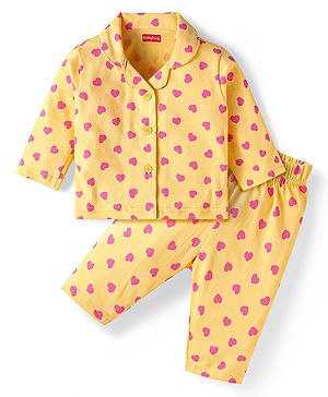 Babyhug Cotton Knit Full Sleeves Night Suit With Heart Print- Yellow