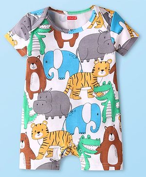 Babyhug Interlock Knit Half Sleeves Romper With Animal Print - White