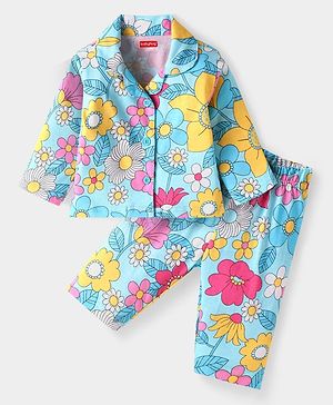 Babyhug Cotton Knit Full Sleeves Night Suit With Floral Print- Light Blue
