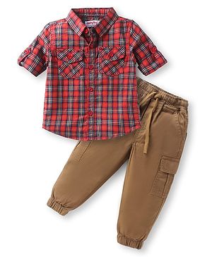 Babyhug Cotton Woven Full Sleeves Checks Shirt & Lounge Pant Set - Red & Tan