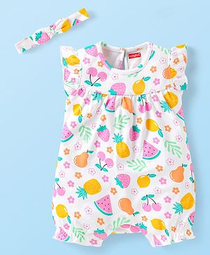 Babyhug Interlock Knit Frill Sleeves Romper With Fruit Print & Hairband - White