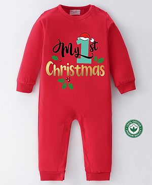 BLUSHES Christmas Theme 100% Cotton Full Sleeves My 1st Christmas Text Printed Romper - Red