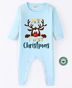 BLUSHES Christmas Theme 100% Cotton Full Sleeves My First Christmas Text Printed Romper - Powder Blue