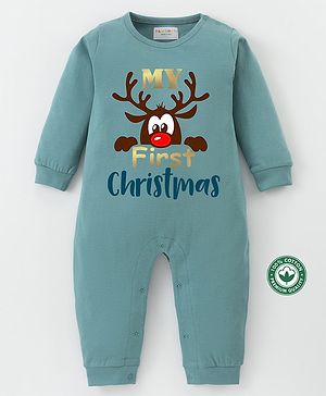 BLUSHES Christmas Theme 100% Cotton Full Sleeves My First Christmas Text Printed Romper - Olive Green