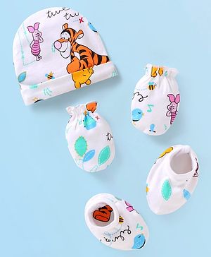 Babyhug Disney Interlock Knit Cap Mittens & Booties Set with Winnie & Friends Graphics - White