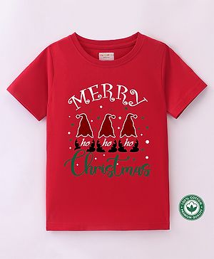 BLUSHES Christmas Theme 100% Cotton Half Sleeves Merry Christmas Text Printed Tee - Red