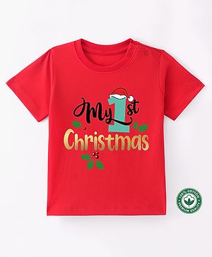 BLUSHES Christmas Theme 100% Cotton Half Sleeves My 1st Christmas Text Printed Tee - Red